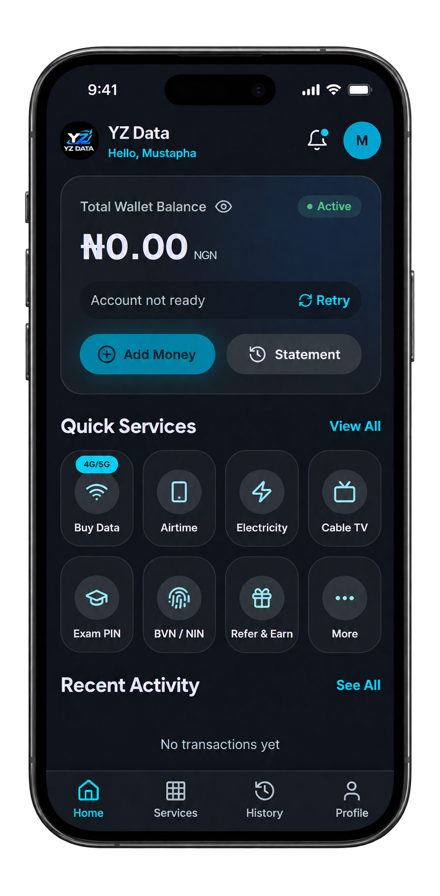 YZ Data app showing wallet balance, quick services and recent activity